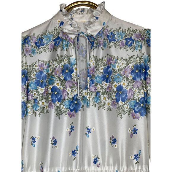 Vintage 70s Floral High Neck Dress Tie Front Elastic Waist Silky Nylon - Picture 4 of 9